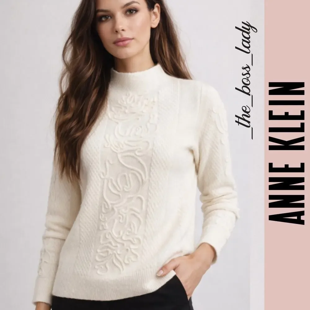 Anne Klein sweater wool blend cable knit embroidered XL